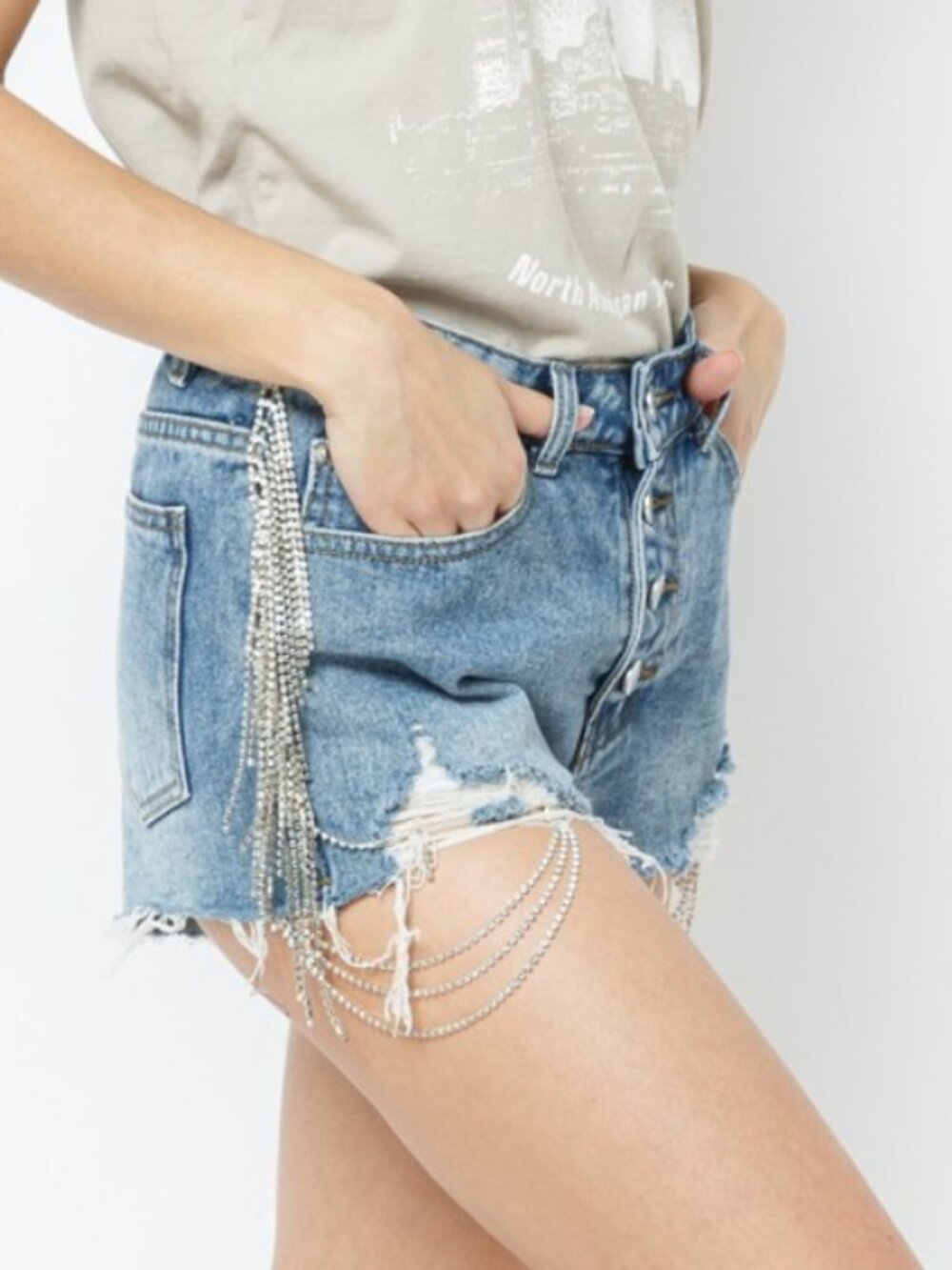 Rhinestone Fringe Distressed Denim Shorts Size S or L